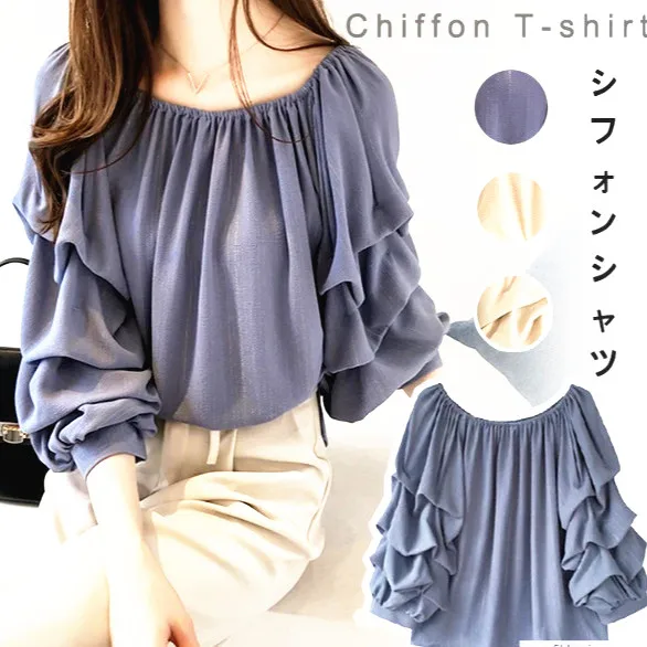 

Women Spring Tops Tees Sexy Vintage Blouse Ruffles Chiffon Full Long Sleeve Shirt Ruffles T Shirts Loose Elegant Casual Tees