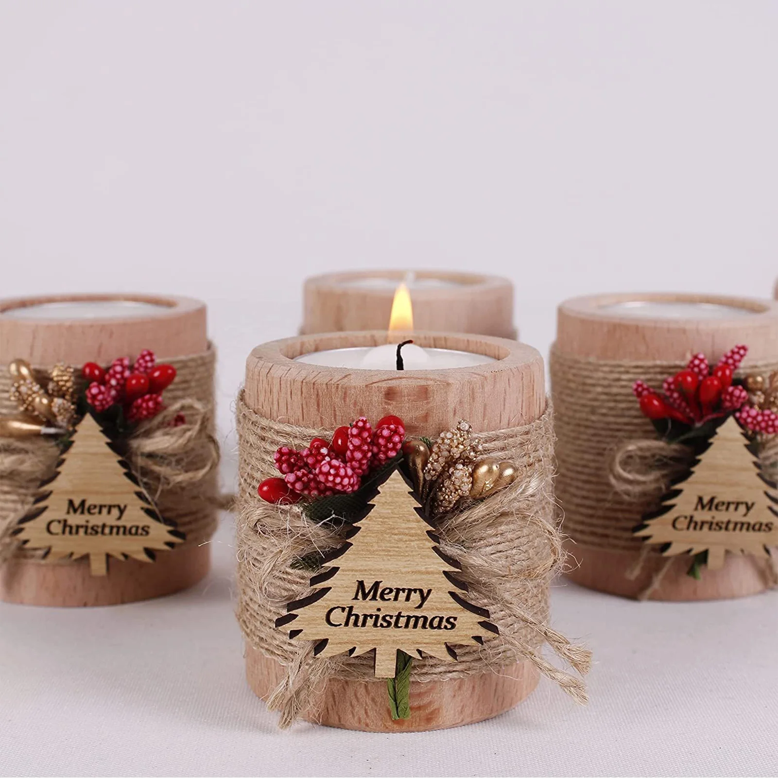 Imagem -06 - Madeira Tealight Candle Holder Mesa Centerpiece Presentes de Feliz Natal Obrigado Pelos Convidados Favores do Partido de Casamento Natal 10 Pcs