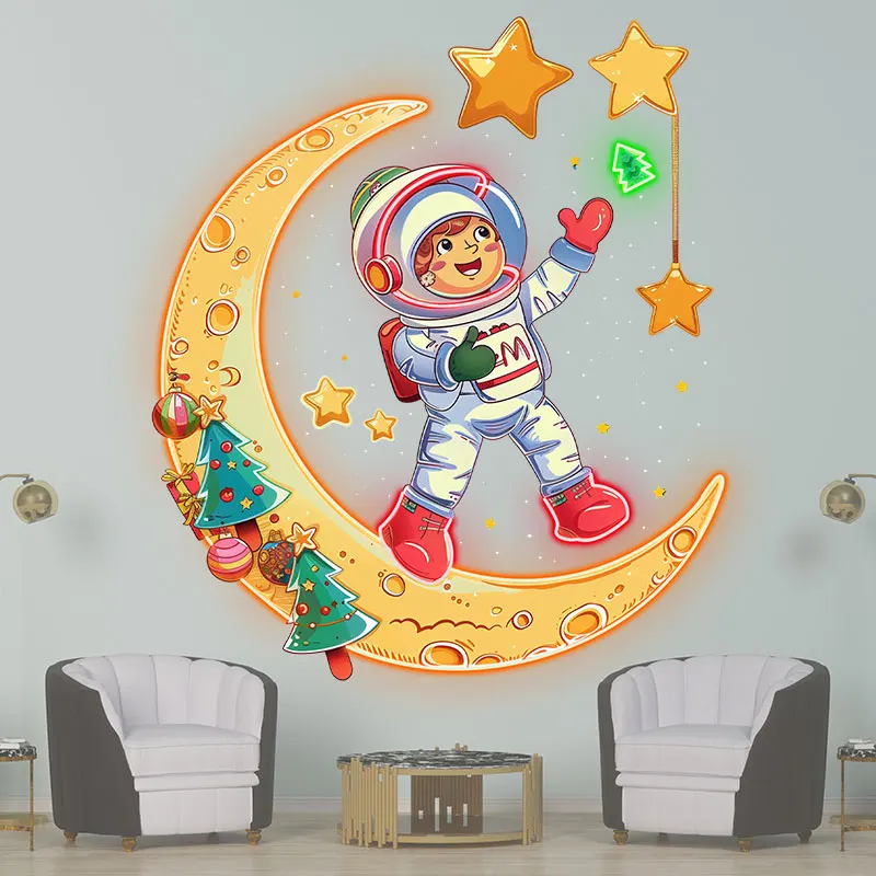 Astronauts on a golden Christmas-decorated moon: happy stargazing holiday miracle neon signs