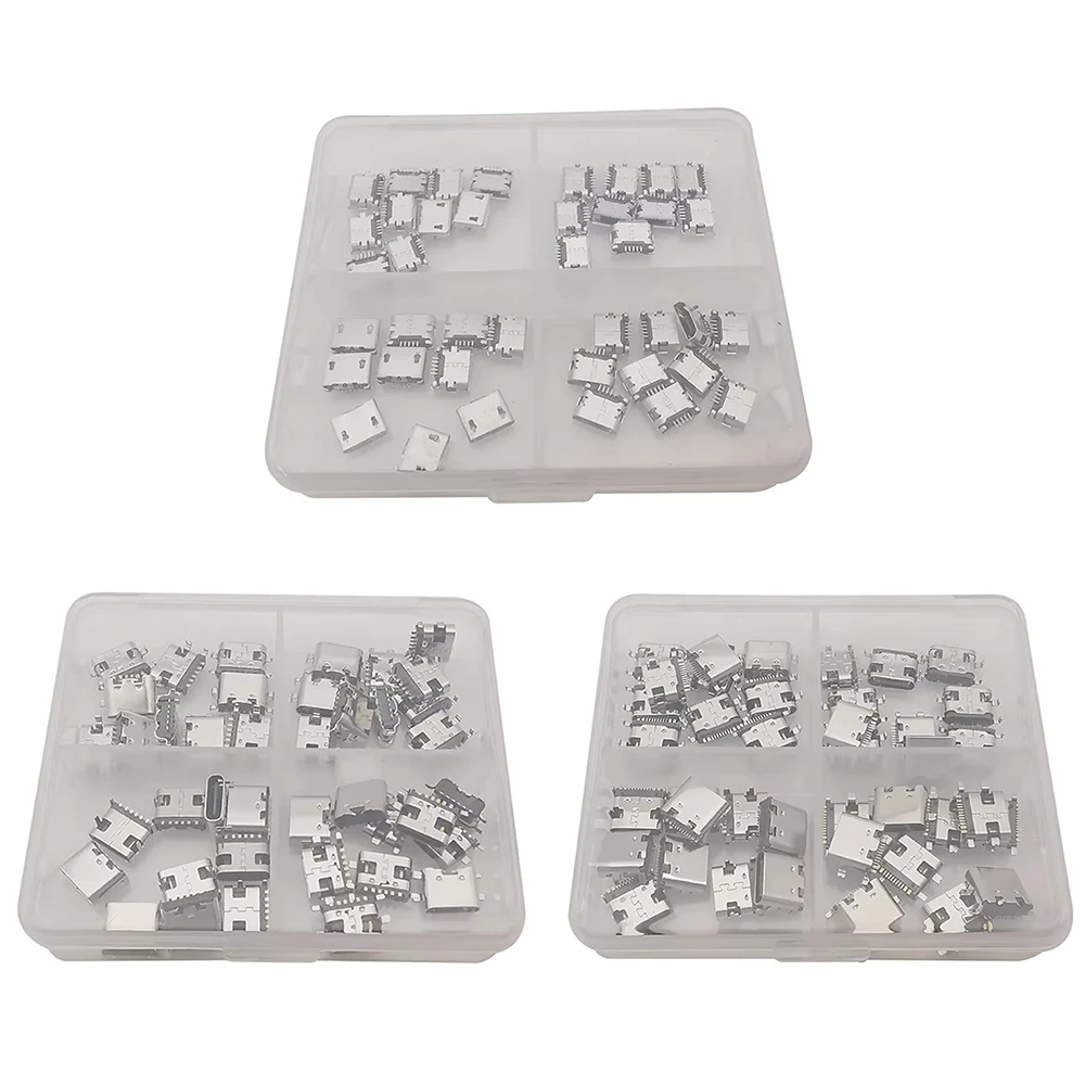 40Pcs 4 Models Micro USB 5Pin / Type C 6Pin 16Pin Female Jack Connector SMD DIP Socket Phone Charging Port DIY Repair Adapter