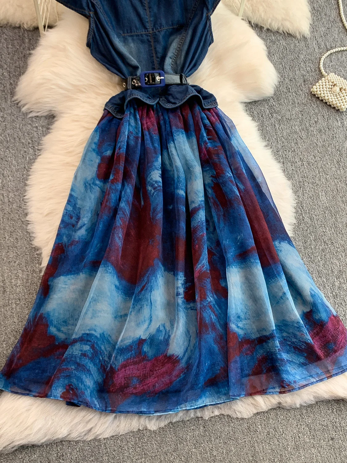 Vestido largo Retro e con cuello en V y empalme de tela vaquera para mujer, diseño de verano, adeazante, cintura alt...