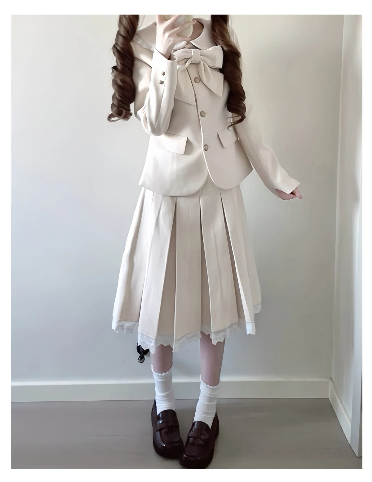 2025 Autumn Winter New Hot Sale Off-White Bow Woolen Lapel Blazer High-Waisted Lace Skirt College Style JK Uniform Set