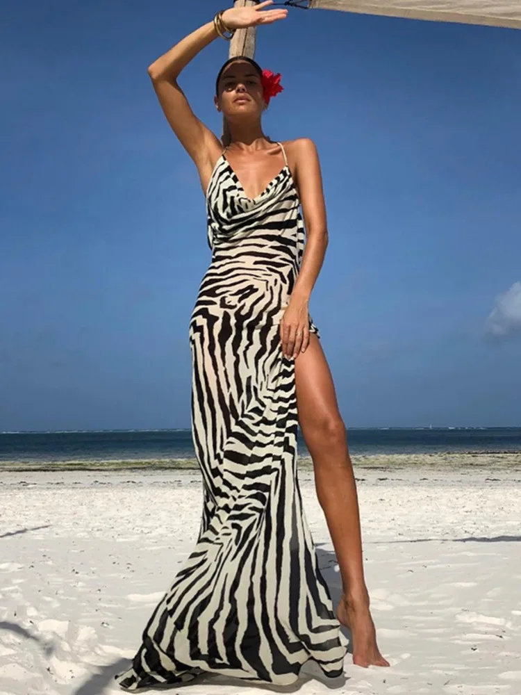 

Spaghetti Strap Zebra Stripes Maxi Dress For Women Gown Summer Sleeveless Backless Thigh High Split Beach Long Dress