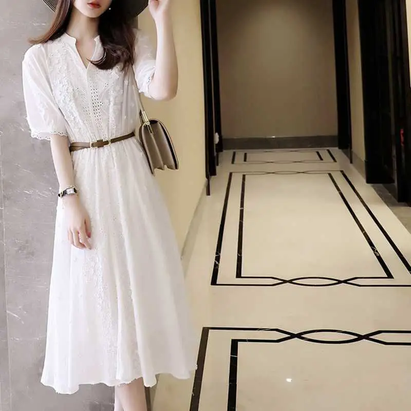 Summer Elegant Fashion White Embroidery Hollow Dress Ladies Short Sleeve Simple Casual Waist A-line Dresses Sweet Cotton Robe