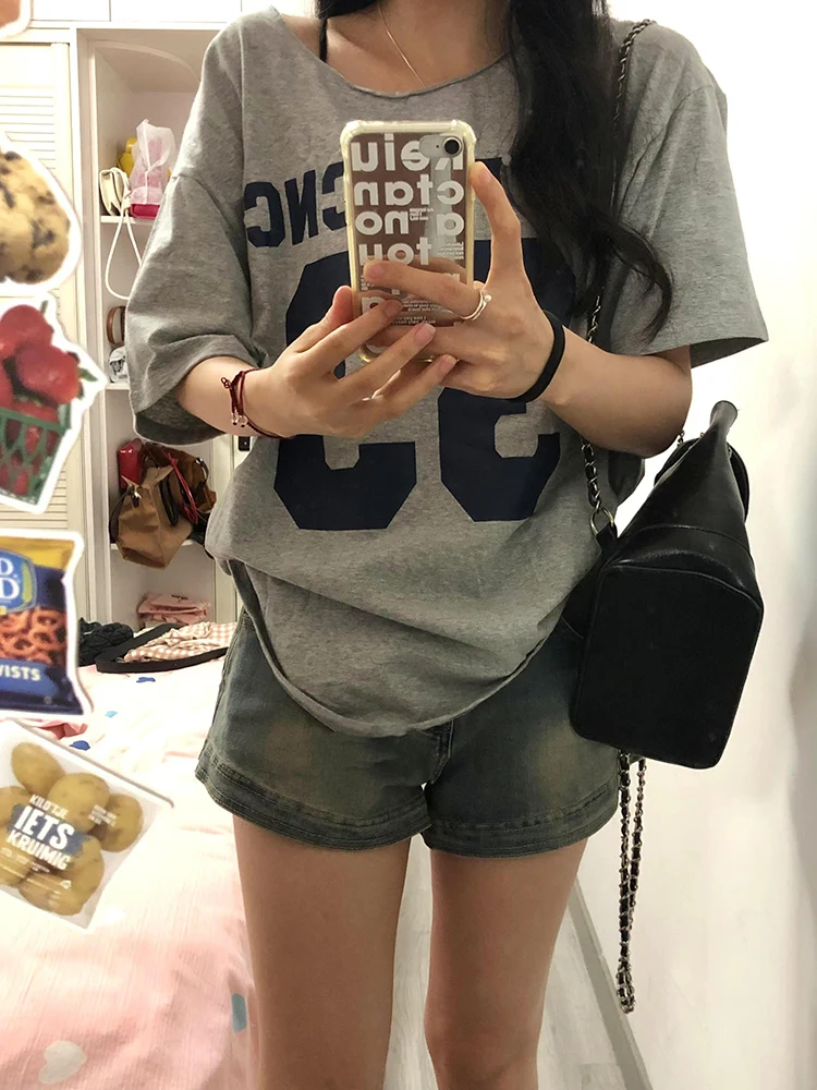 Retro American Grey Shoulder Bared Short Sleeve T Shirt Women Summer Casual Loose Fit Versatile Cotton round Neck Top