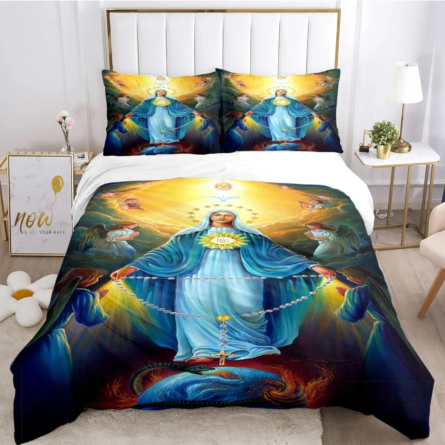 Kind Blesed Virgin M-Mary All Season Duvet Cover Comforter Bedding Set Soft Quilt Cover and Pillowcases SingleDoubleQueenKing