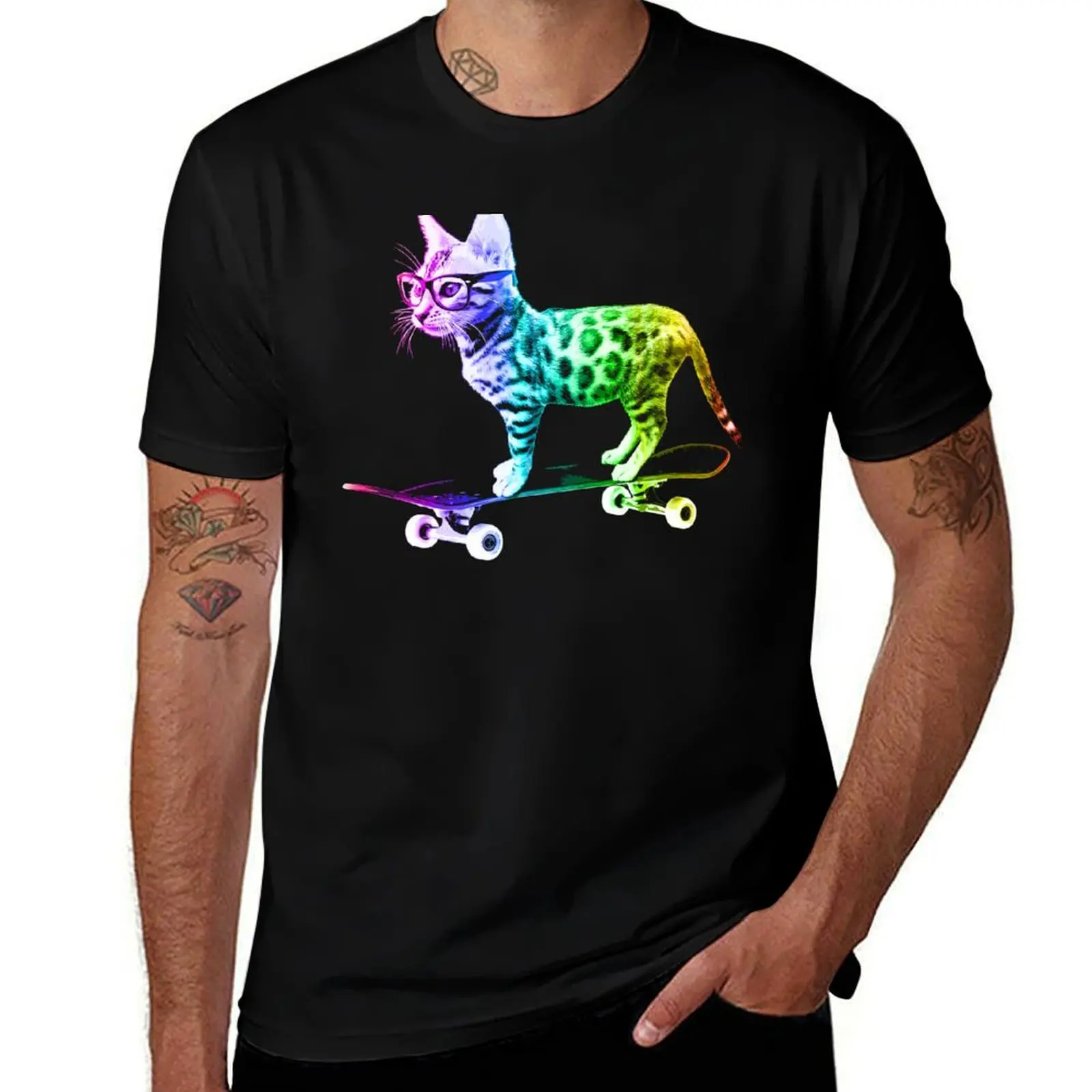 

Rainbow Skateboard Cat T-Shirt cotton tshirt 100% t shirt man designer t shirts for man cotton T-shirt