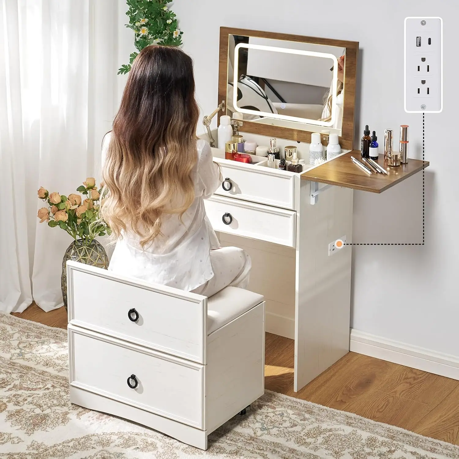 AMERLIFE Farmhouse 3 in 1 Vanity Desk with Mirror and Lights, Rustic White | Compact Makeup Vanity with Hidden Chair & Charging