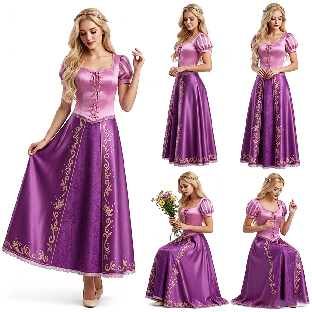 

Anime Rapunzel Cosplay Costume Dress Women's Medieval Princess Dress Purple Pink Ball Gown with Embroidery Halloween Clothes