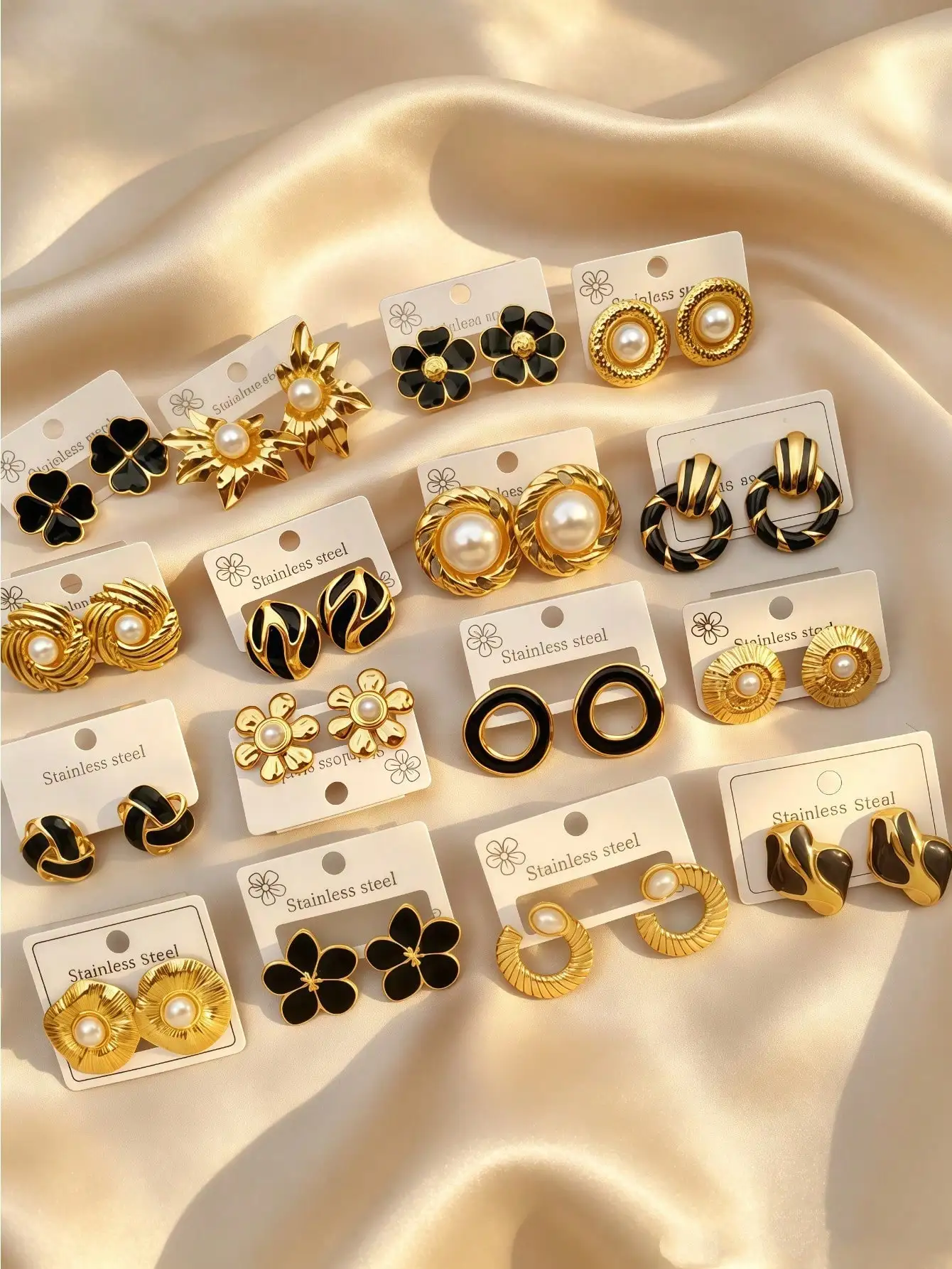 Stainless Steel 18K Gold Plated Black Enamel Pearl Stud Earrings Women Vintage Flower Circle Twist Luxury Fashion Ear Jewelry
