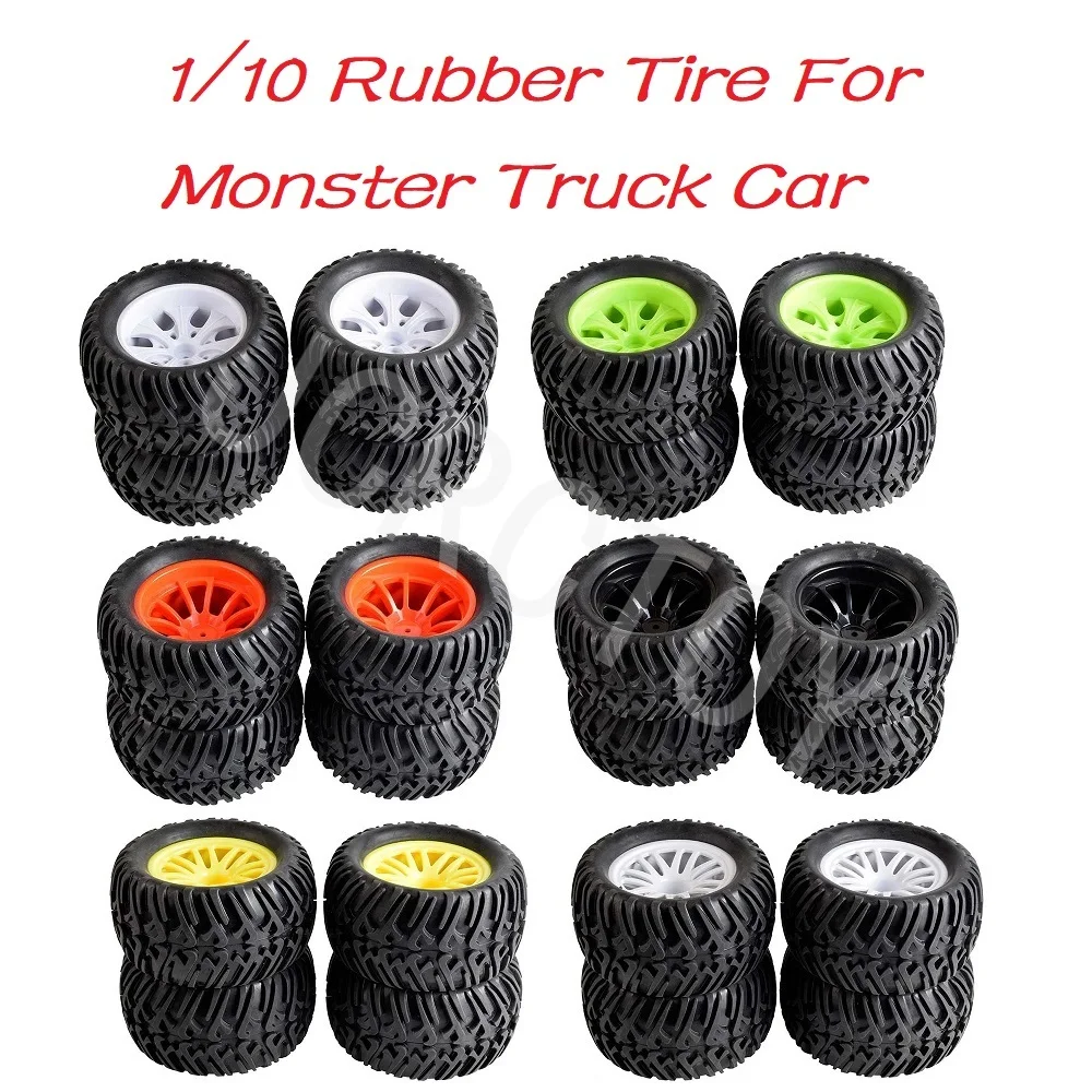 

RC 4Pcs Rubber Tires w/Wheel Rim &Sponge Truck Tyres For 1/ 10 HSP 94108 94111 94188 HPI Henlong Kyosho Tamiya Monster Truck Car