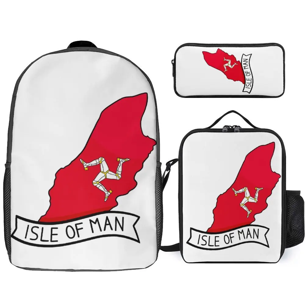 

3 in 1 Set 17 Inch Backpack Lunch Bag Pen Bag Isle Of Man Flag Map Sticker For S Lasting Cute Cosy Sports Activities Infantry Pa