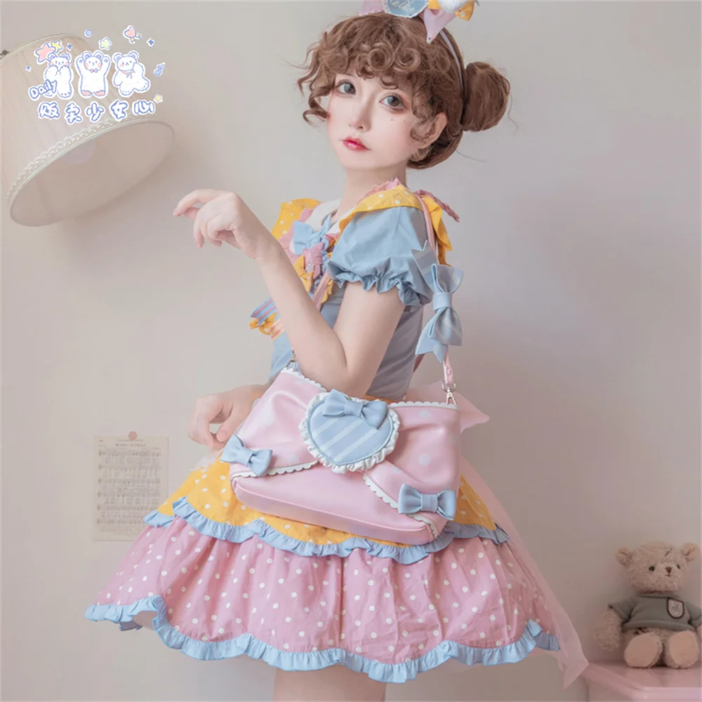 Sweet Girls Pink Sugar Wave Point Pearl Chain Bowknot Bags Lolita Bags Black Girls Cute Love Ruffle Portable Cosplay Lolita Bags