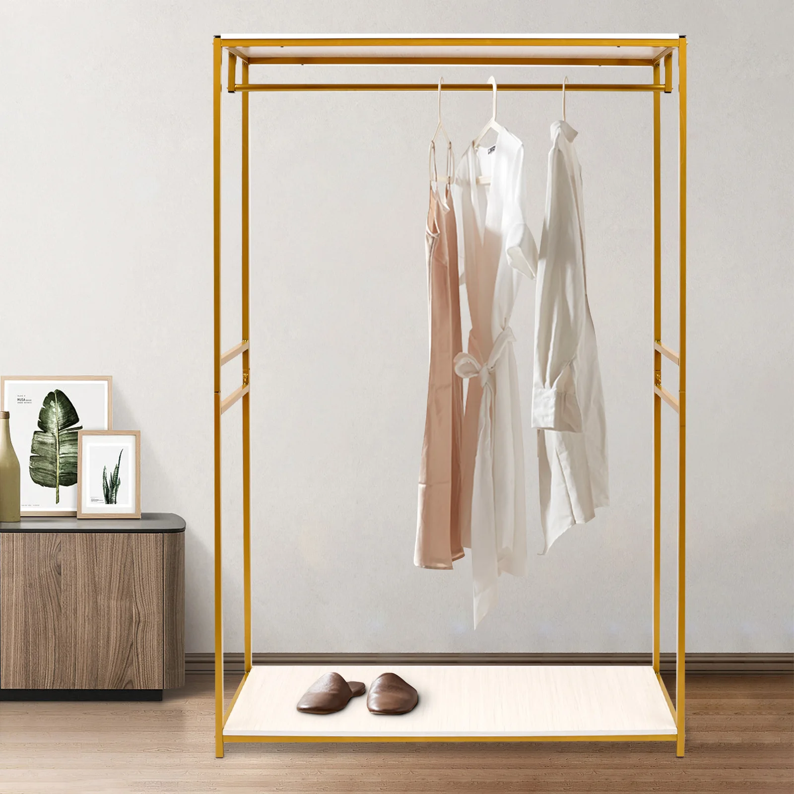 

75" Retail Gold Clothing Racks for Boutique W/Wood Shelf, Large Metal Wedding Dress Display Rack(47.8*18.11*5.71in)