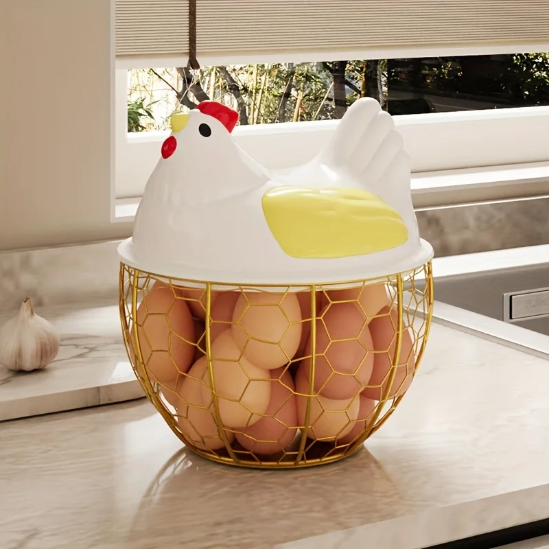Wrought Iron Hen Shaped Storage Basket, Metal Kitchen Egg Holder & Fruit Organizer, Vintage Style Decorative Storage Basket