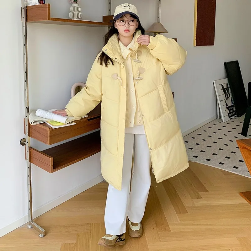 

2025 Winter Women's Long Jacket Female Hooded Casual Thicken Warm Parkas Coats Women's Horn Button High Coller Cotton Jacket