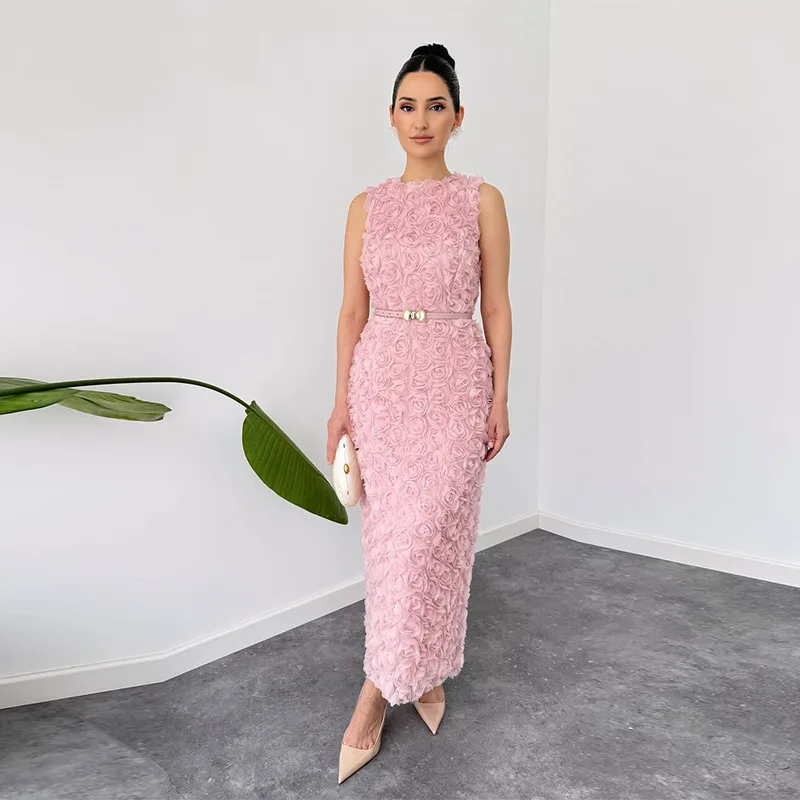 

Платья женские вечерние длинные платья прямые Vestidos без рукавов с круглым воротником трехмерное платье макси с цветочным принтом женское летнее