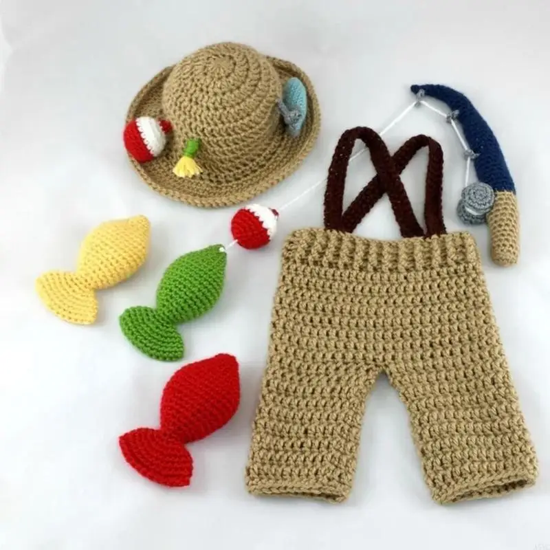 A5YC 1 Set Newborns Knitted Fishing Apparel Strap Pants with Bucket Hat Accessories
