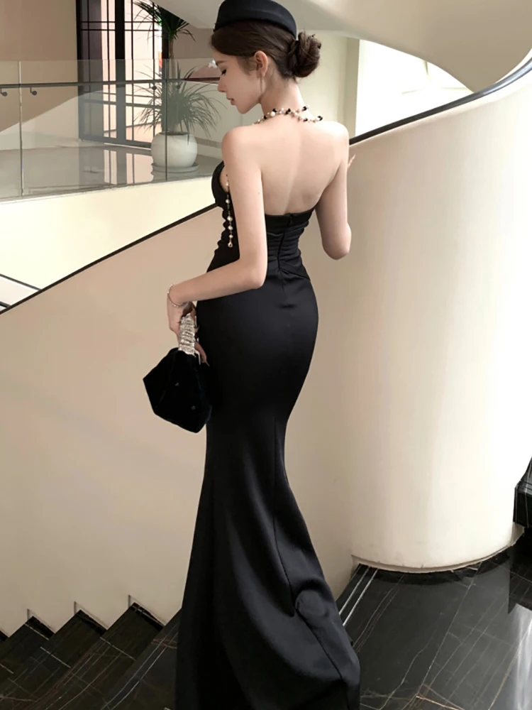 Frauen Koreanische Vintage Hepburn Prom Kleid Herbst Schwarz Brust Verpackung Sexy Backless Kleid 2025, Elegante Bodycon Luxus Party Kleid