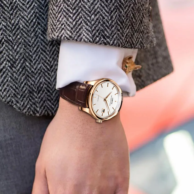 LOBINNI estilo Simple Gaviota ST2130 movimiento cuero de negocios cristal de zafiro hombres reloj automático impermeable