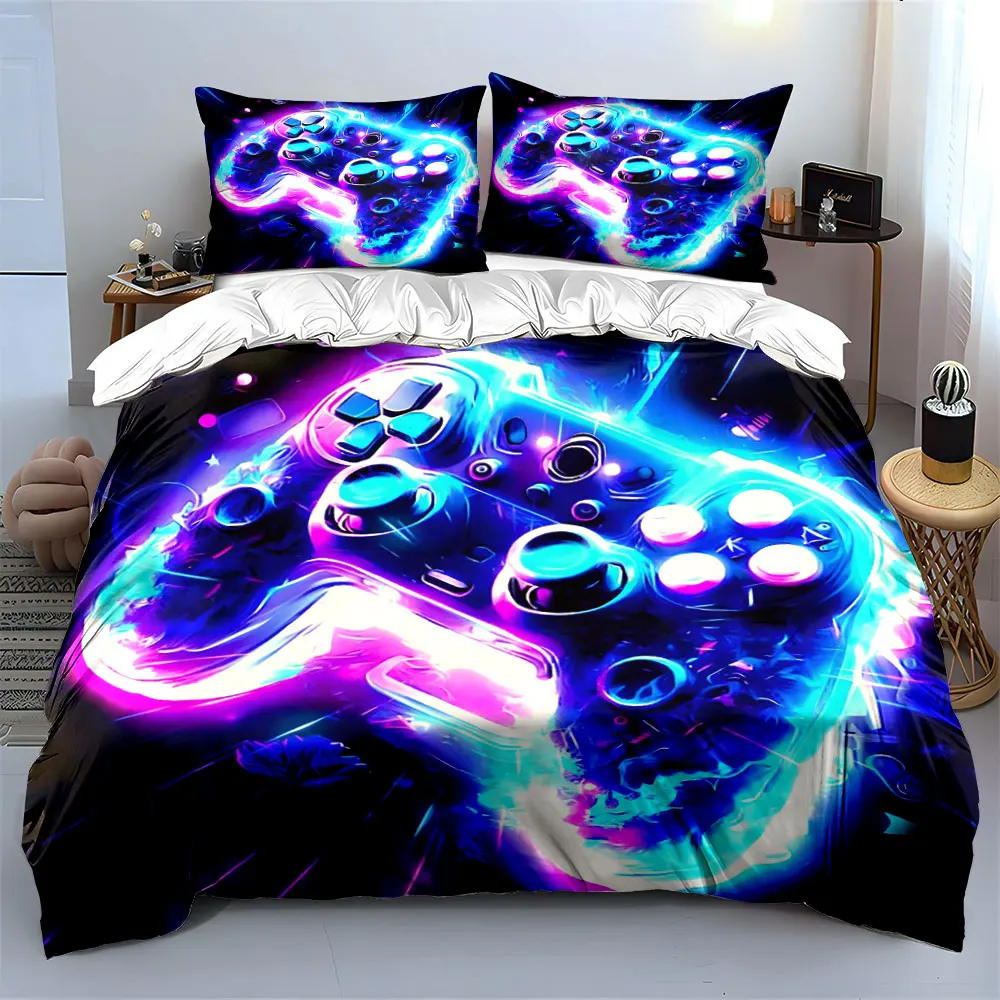 Neon Purple Blue Game Controller Bedding Set,Cyberpunk Glow Gaming Pad Print Duvet Cover Set,Soft 3PC For Teen Gamers Boys room