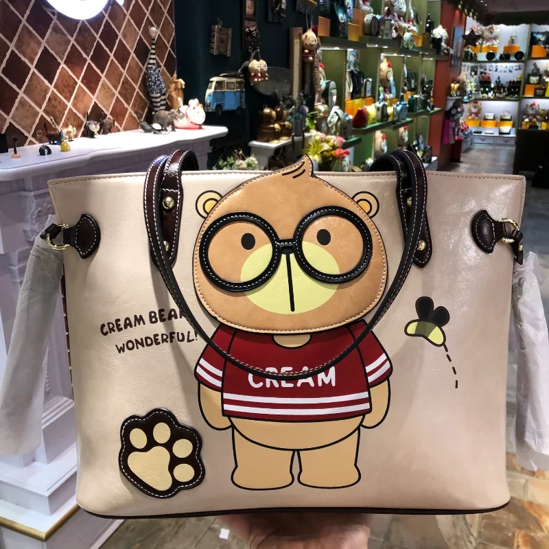 CREAM BEAR-Grand sac d'ordinateur pour femme, fourre-tout de grande capacité, décontracté, à la mode, avec motif de dessin animé, nouvelle collection 2024