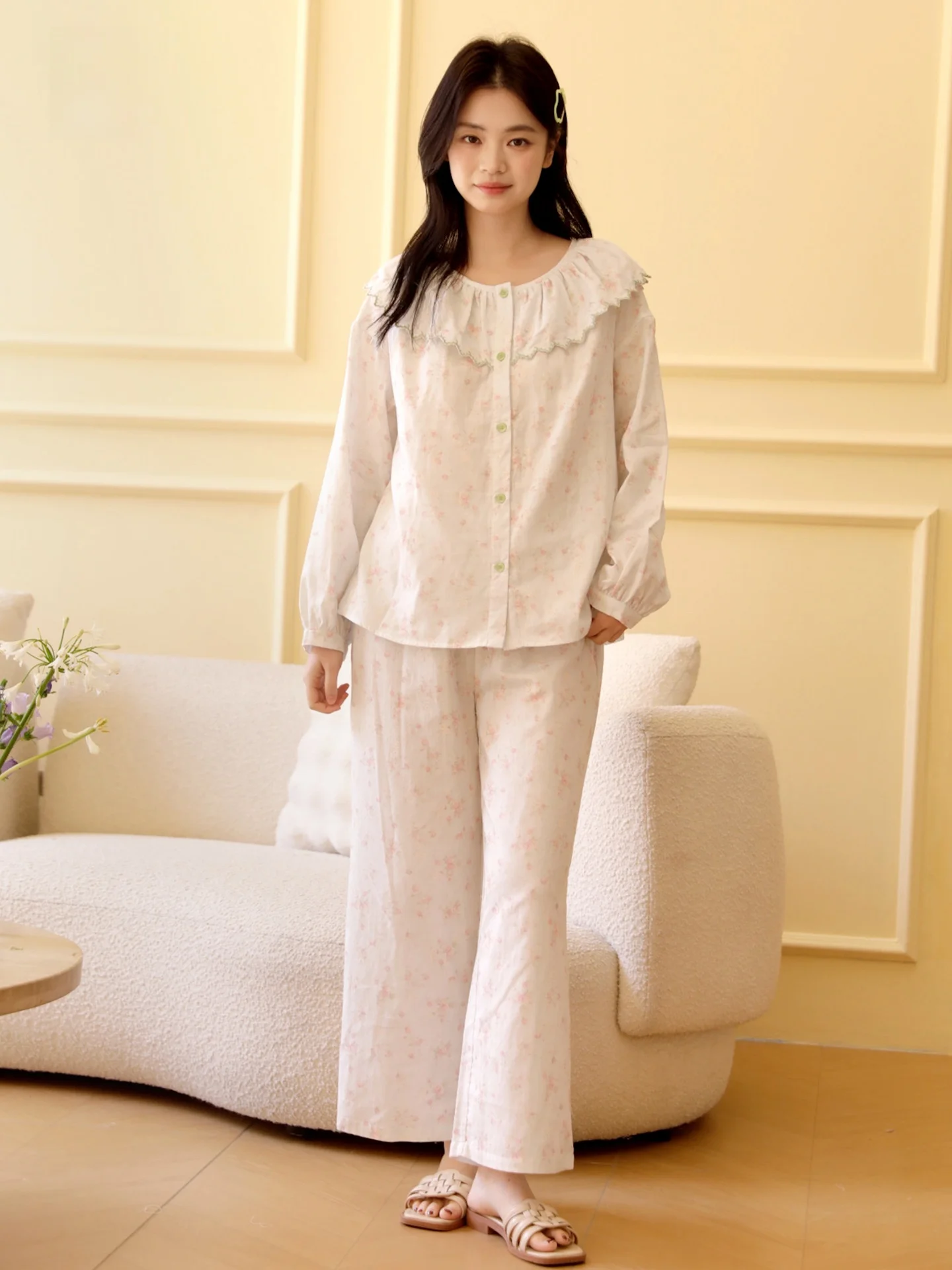 class-a-maternity-cotton-double-layer-muslin-long-sleeve-long-pants-home-clothes-set-embroidered-floral-print-ruffle