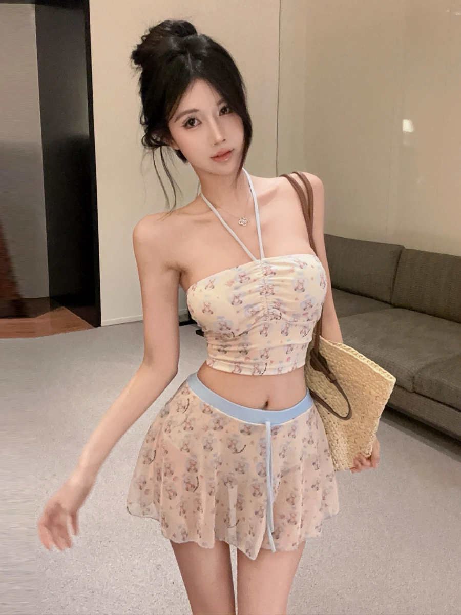 Sexy Diva Vacation Cartoon Anti-Aging Two-Piece Swimsuit Strap Halter Top Half Skirt Set Short Sleeve Four Seasons Adult Women