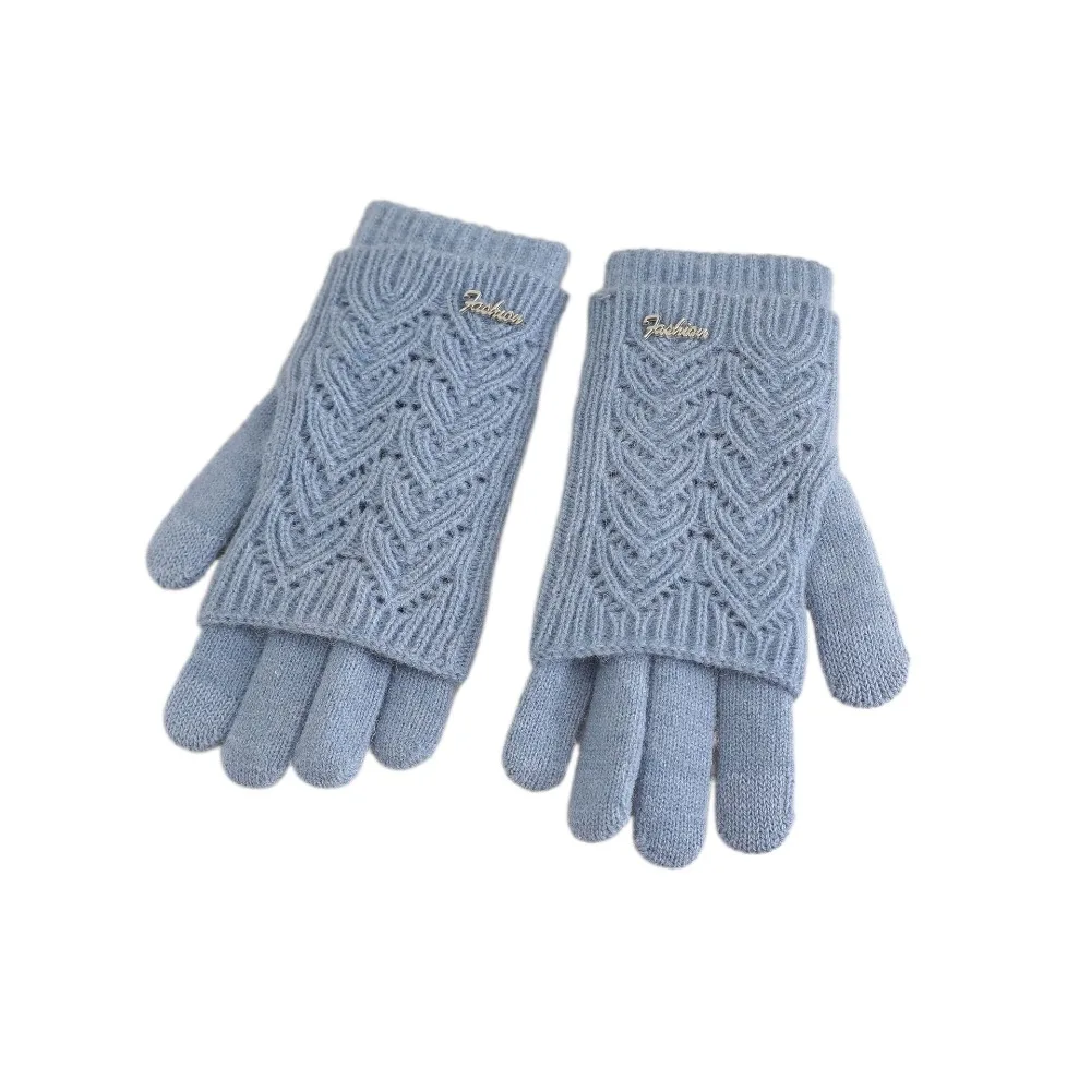 Kawaii Dual-purpose Knitted Gloves Keep Warm Solid Color Five-finger Mittens Thickened Cold-proof Cycling Gloves Autumn