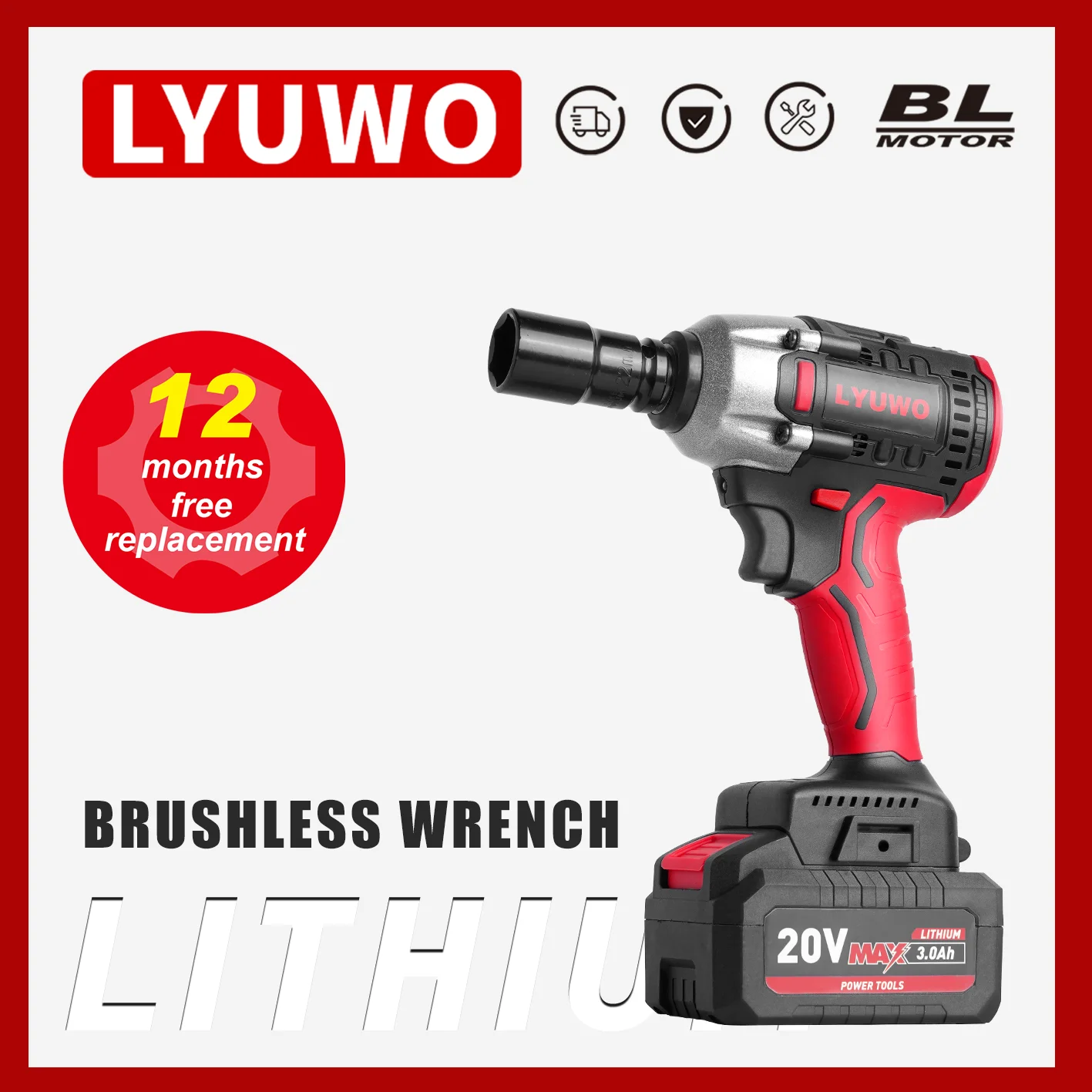 

20V Electric Impact Wrench Brushless Rechargeable Lithium Ion Battery, Used For Automobile Tire Power Tools