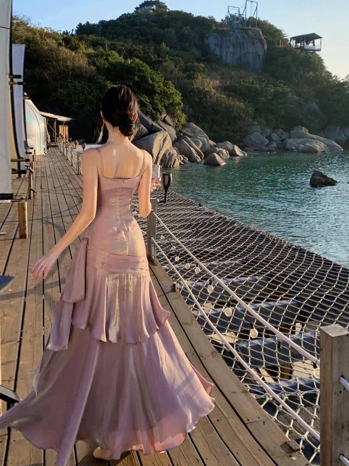 Ele Mermaid Sle Long Svel Dr مع يجمع الخصر و ter Ne من الساتان الناعم لحفل الكبار Dr Purple Summer