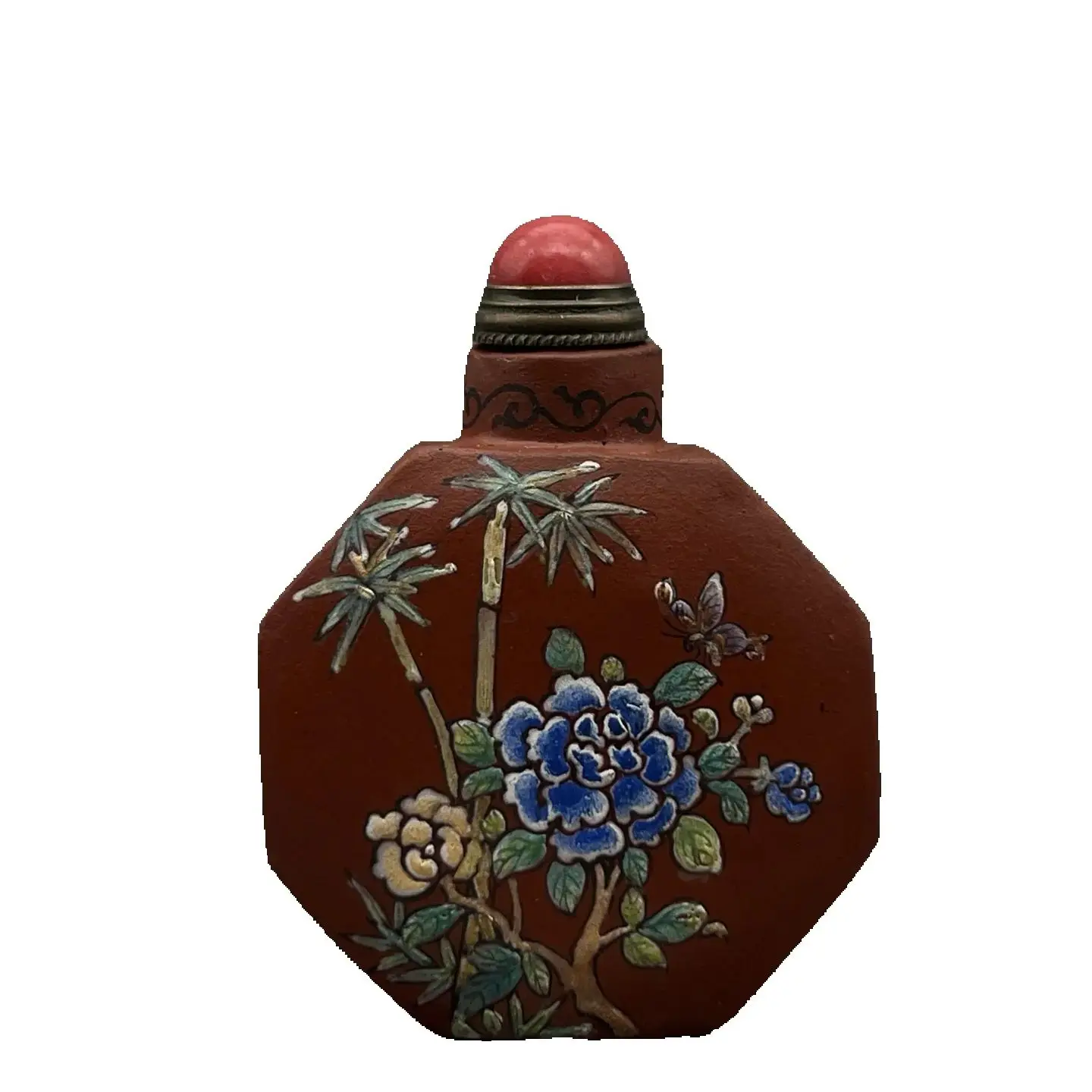 Collection Chinese Zisha Purple Clay Handmade Painted Beautiful Peony Nice Snuff Bottle Art