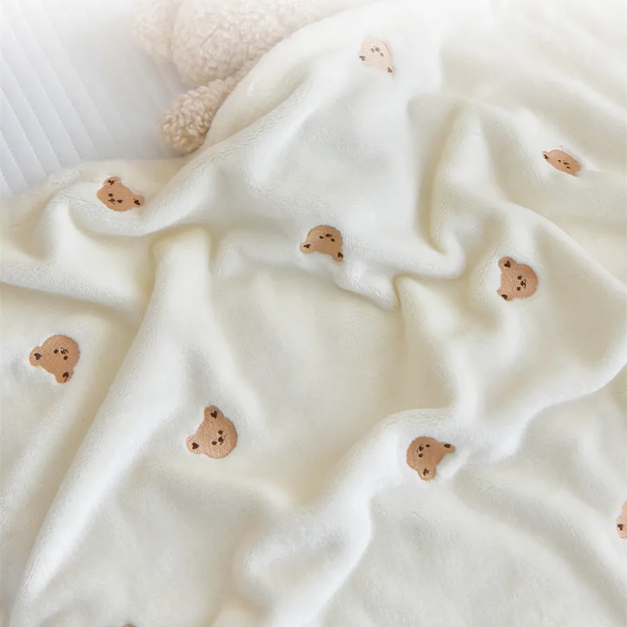 Korean Bear Rabbit Embroidery Baby Coral Fleece Blanket Newborn Plush Warm Quilt for Winter Sleeping Cover for Babies 80x130cm