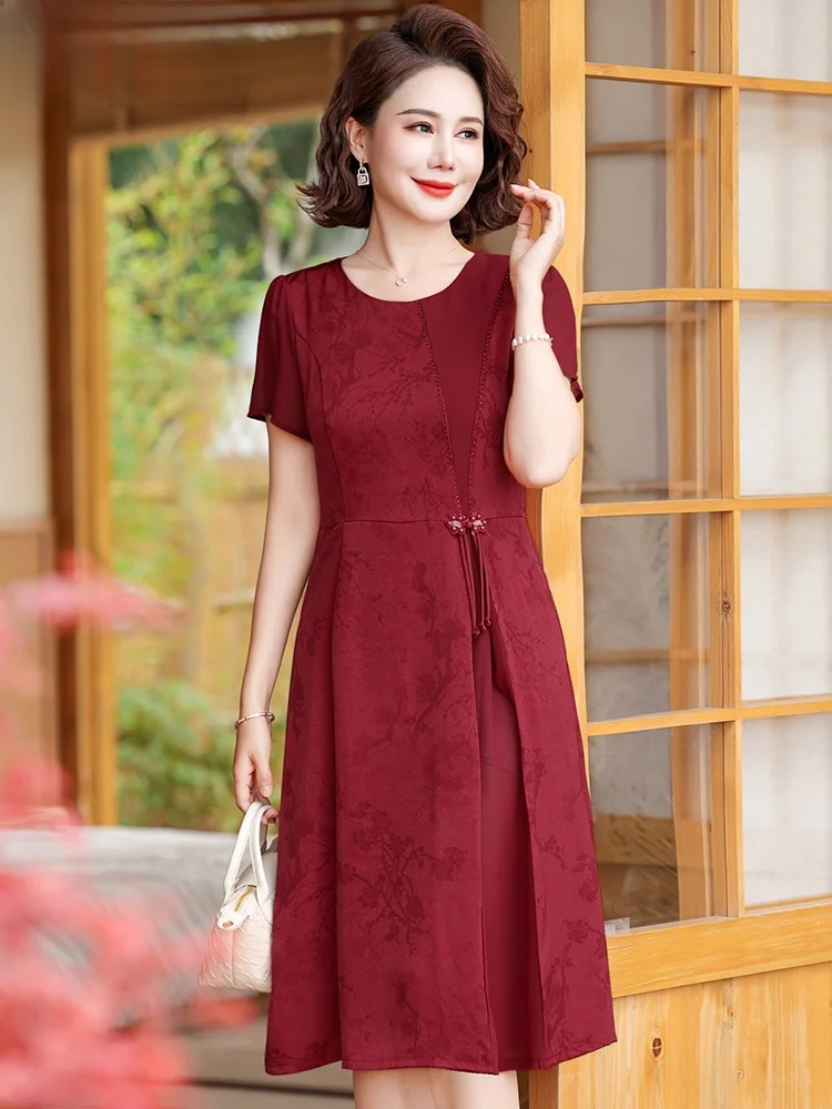 

Fashionable Mom Summer Short Sleeve Midi Dress Wine Red Color Middle-Aged And Elderly Women's Clothing Korean Style Loose Fit
