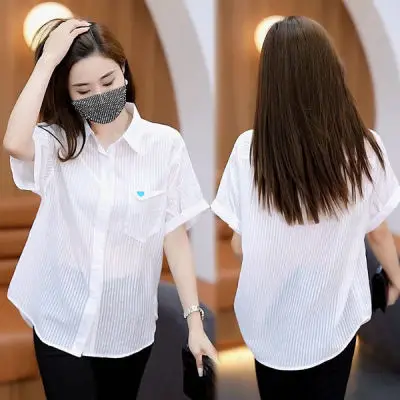 

Summer Korean Sle Women's ort Sve irt Striped Chiffon Blouse Belly Covering Slimming Small Size irt Collar