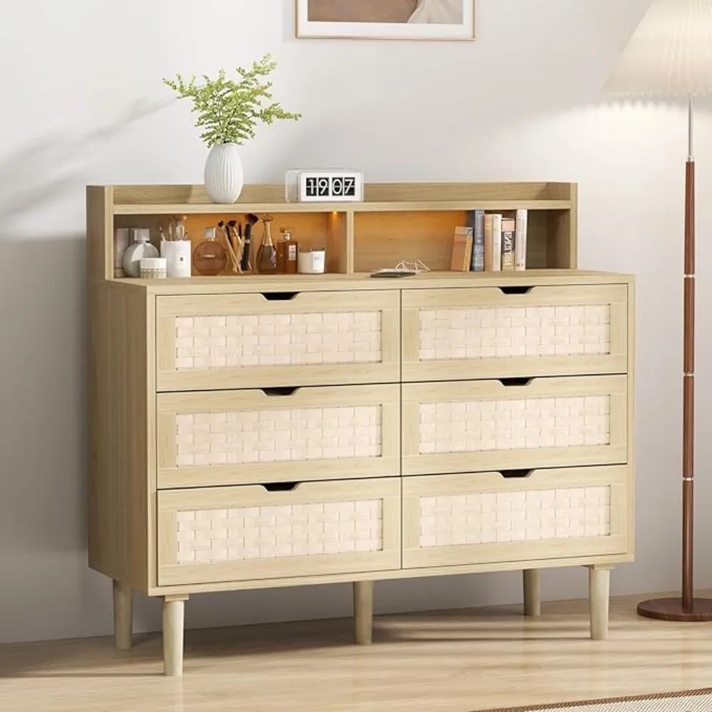 

6 Drawer Dresser with Charging Station, Wooden Chest of Drawers with LED Light for Closet Hallway, Living Room, Entryway