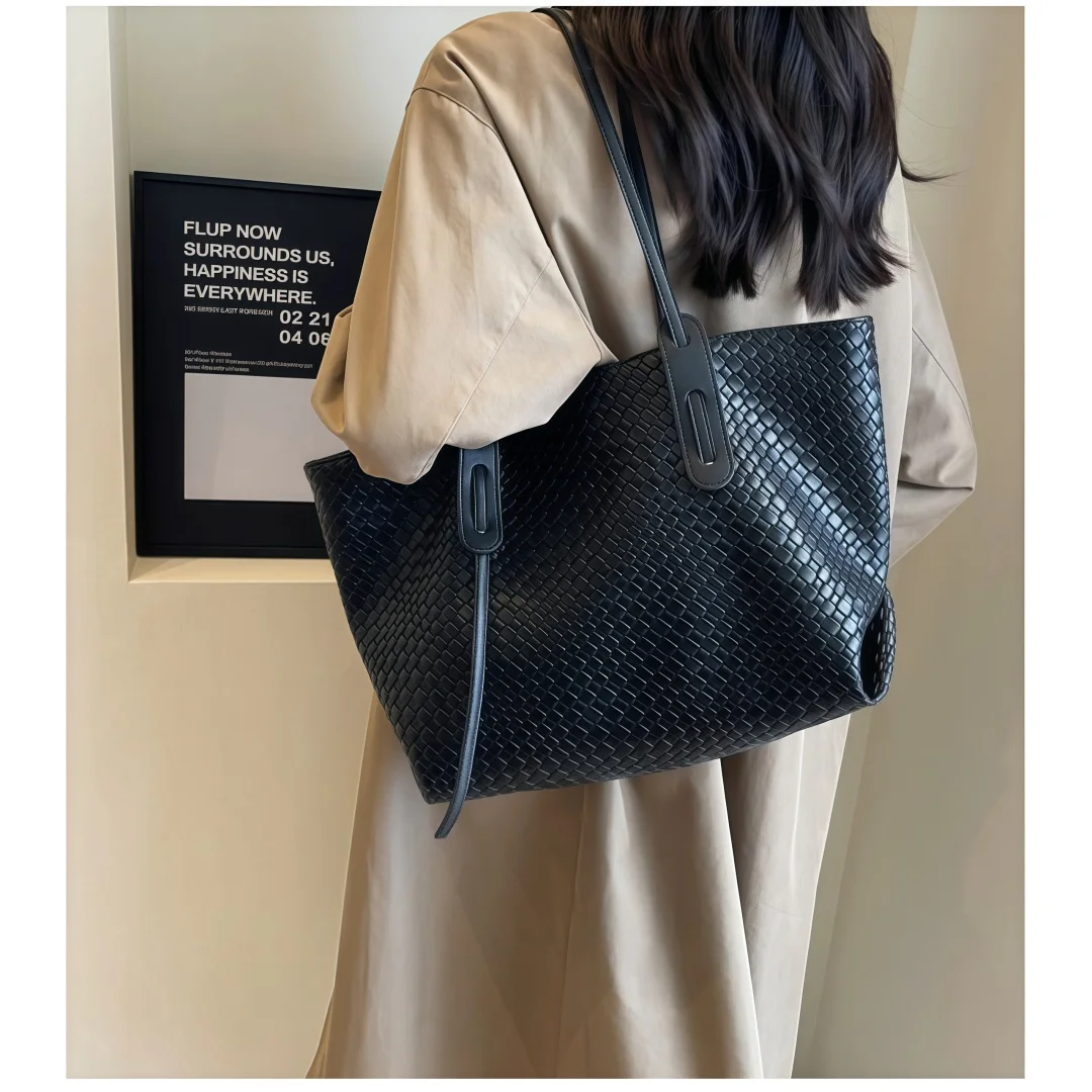 Vintage Embossed Woven Tote Bag Ladies Large Capacity PU Shoulder Bag Simple Solid Color Daily Commute Shopping Handbag