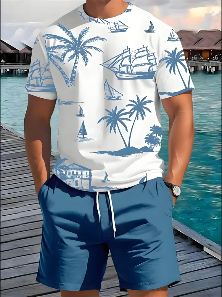 Hot-selling Summer 2-piece Casual Men's 3D Printed Short Sleeve and Shorts Set, Hawaiian Printed Men's T-shirt, Outdoor Sports M