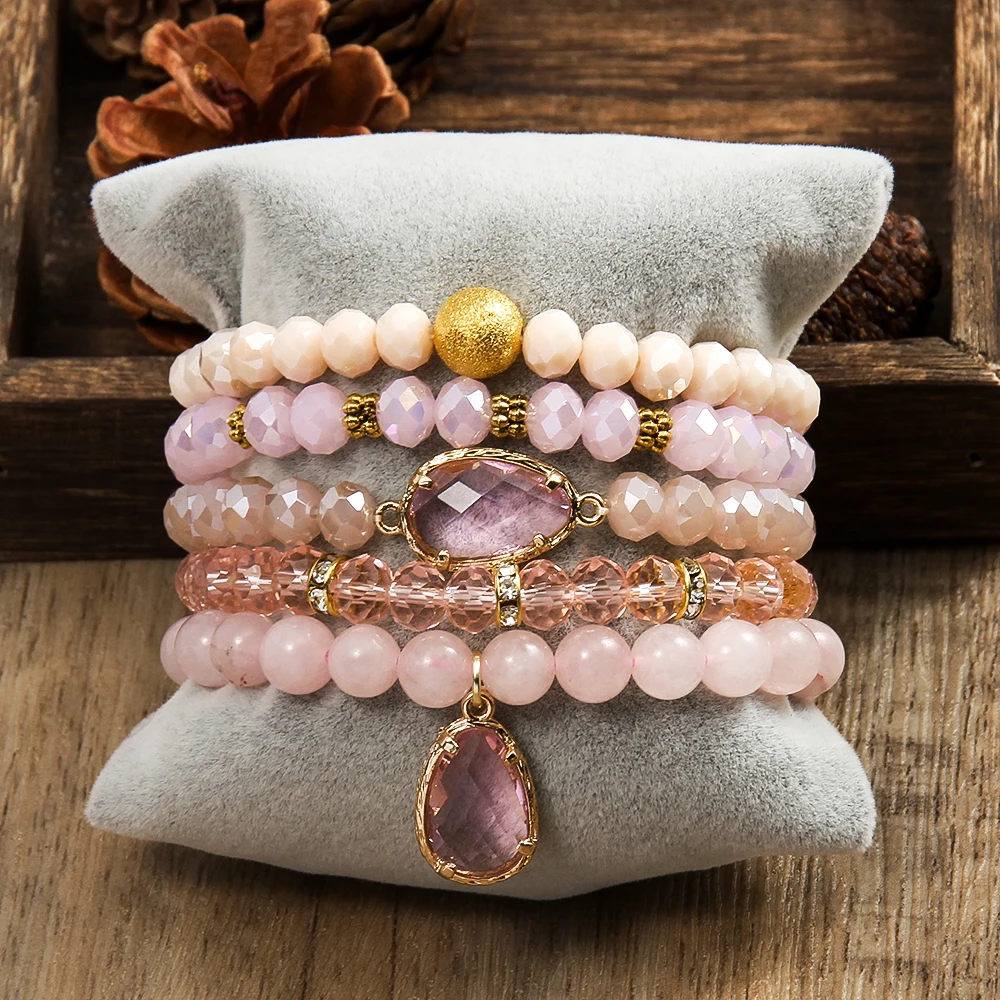 New Simple Bohemian Women Jewelry 8mm Natural Stone Shining Glass Handmade Beaded Elastic Bracelet 5pcs Stacked Bracelet Set