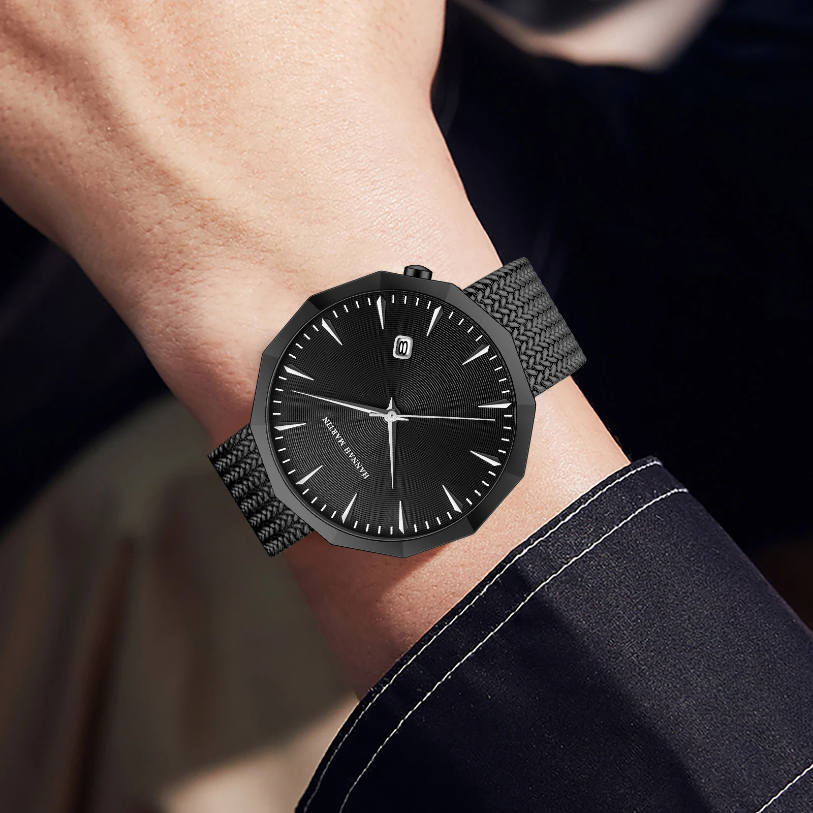 HANNAH MARTIN Business Quartz Watch Men Stainless Steel Fashion Polygonal Dial Original Japanese Movement Mesh Straw Wrist Watch
