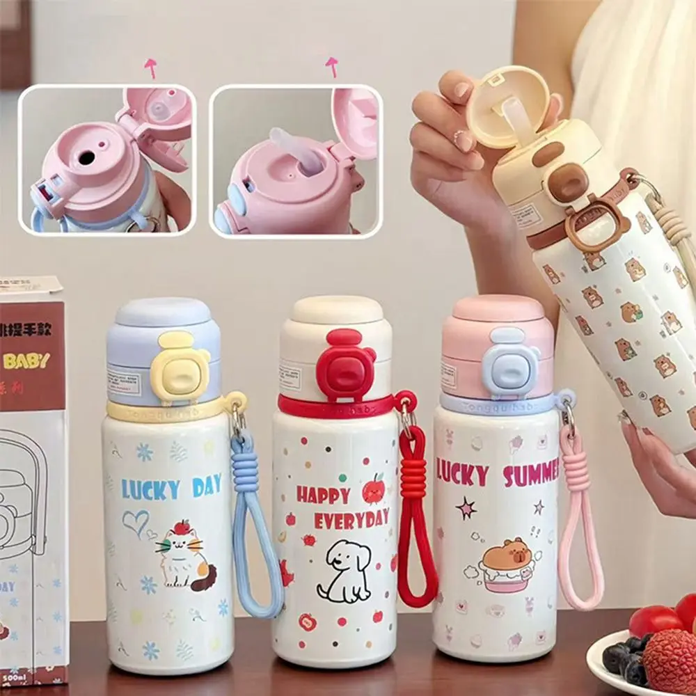 

Cute Stainless Steel Insulated Cup Cartoon Dustproof Water Cup 500ml with Lanyard Vacuum Coffee Mug for Women Girls