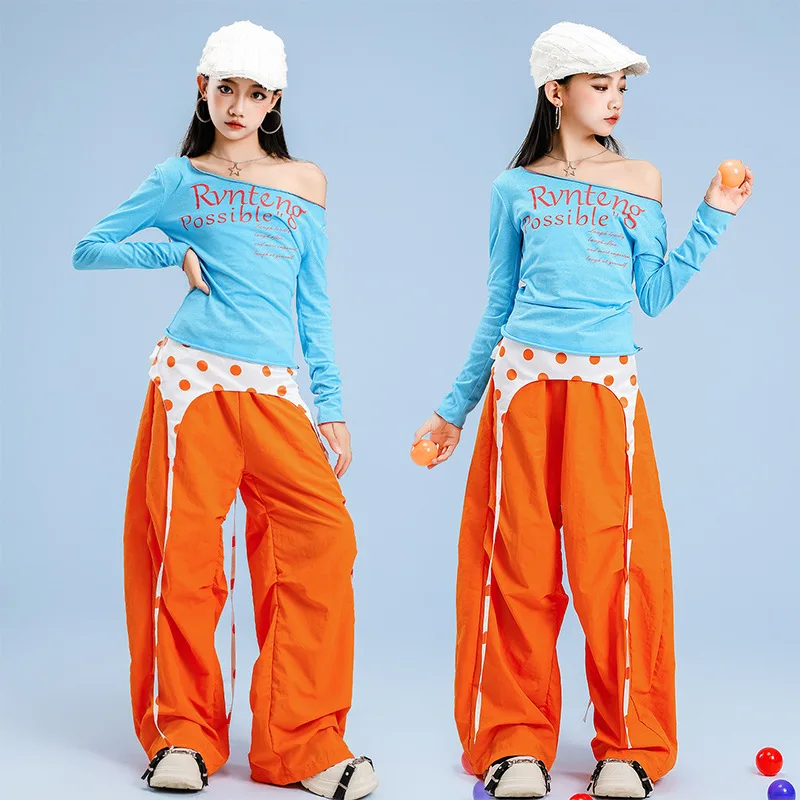 

Kid Kpop Hip Hop Clothing Blue Curly Hem T Shirt Top Orange Casual Parachute Pants Dots Belt for Girl Jazz Dance Costume Clothes