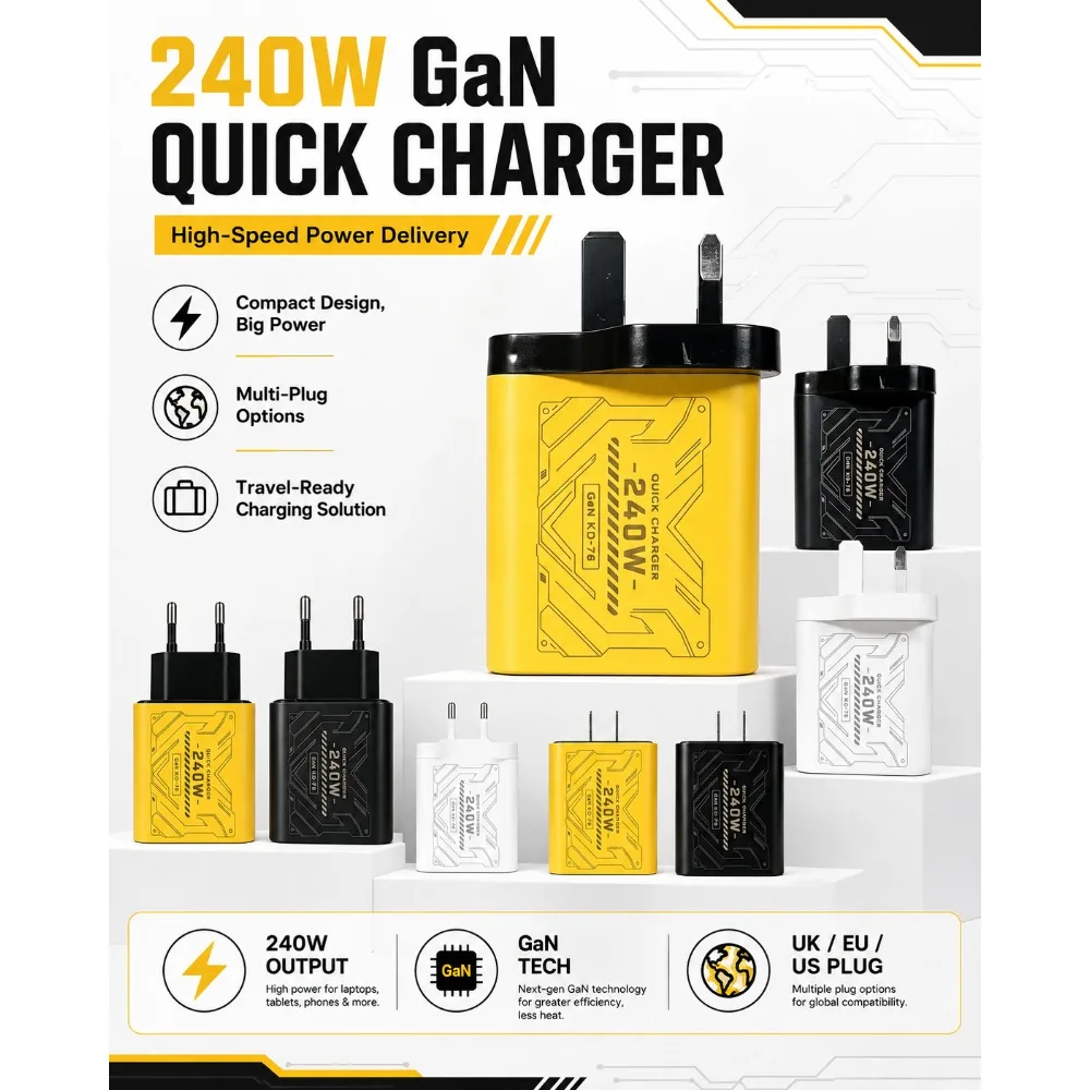 240W GaN Mechanical Multi‑Port USB Travel Fast Charger, EU US Plug Power Adapter for Phone Laptop Tablet Multiple Devices