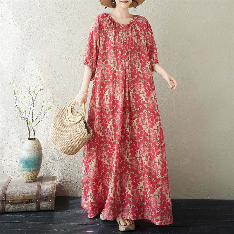 

Elegant Large Size A-Line Maxi Dress with Print And Belly Concealing Features in Xiangyun Silk Fabric for plus Size Women