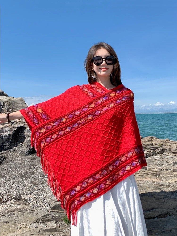 Imitat-Kaschmir-Poncho für Damen, Strickwickel im Ethno-Stil, gestreifter Quastenschal, warme mongolische Mode, Herbst und Winter