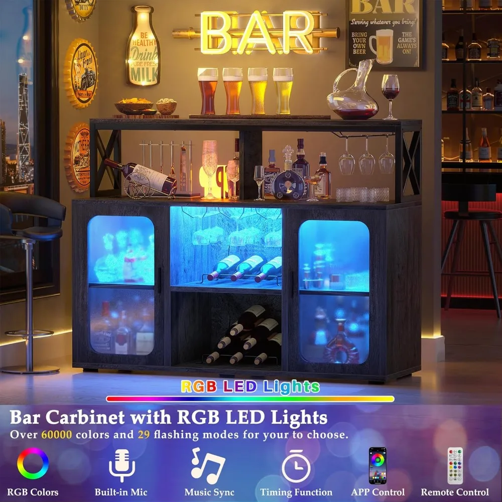 Armadietto da bar con prese di corrente, armadietto per liquori con luci a LED e supporto in vetro, armadietto per bar da caffè a buffet