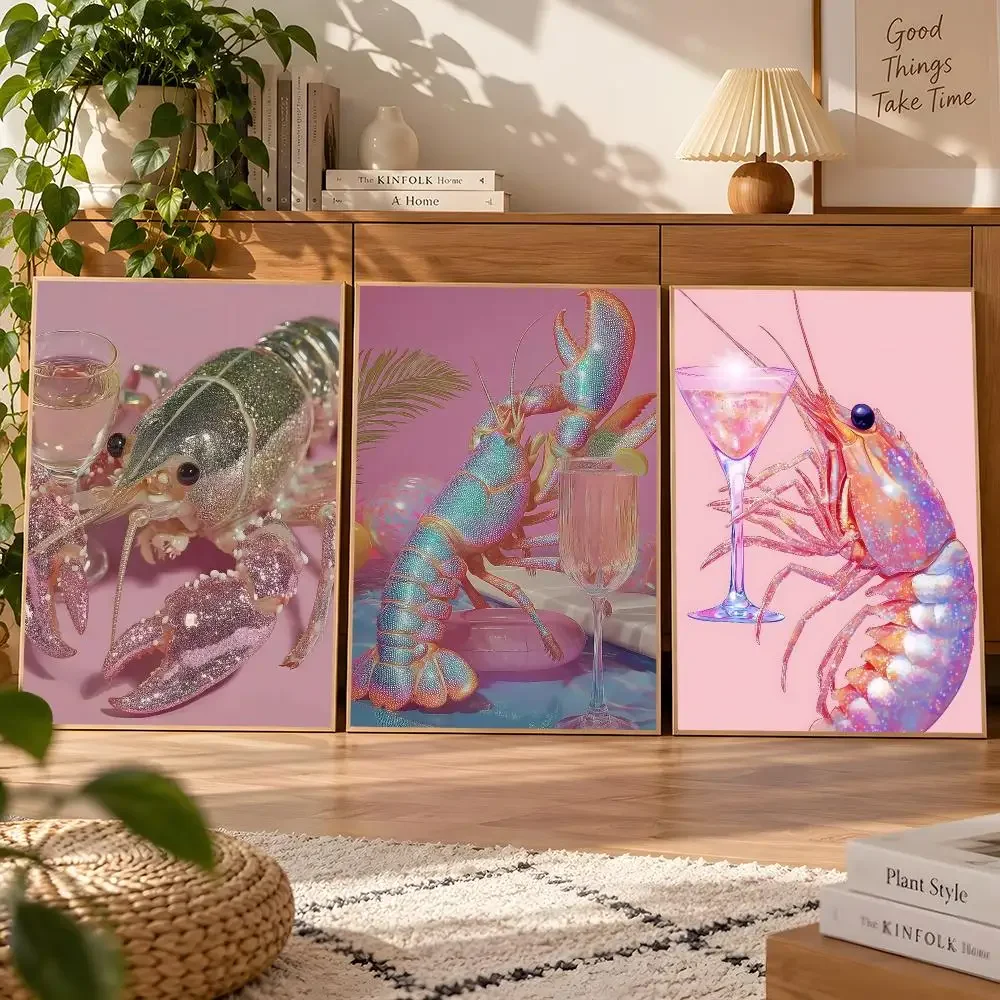 Modern Shrimp Shell Crab Martini Cocktail Pink Disco Seafood Poster Matte Wall Art Waterproof Room Decoration Bedroom