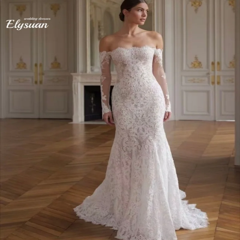 Customized White Off the Shoulder Wedding Dresses Long Sleeves Back Zip Train Bridal Gowns Mermaid Wedding Gowns