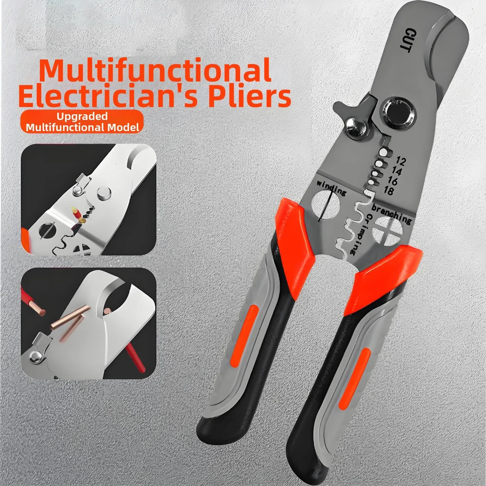 Multifunctional Cable Cutter Pliers For Electricians Wire Stripping Crimping Tool With Spring Return Orange Handle