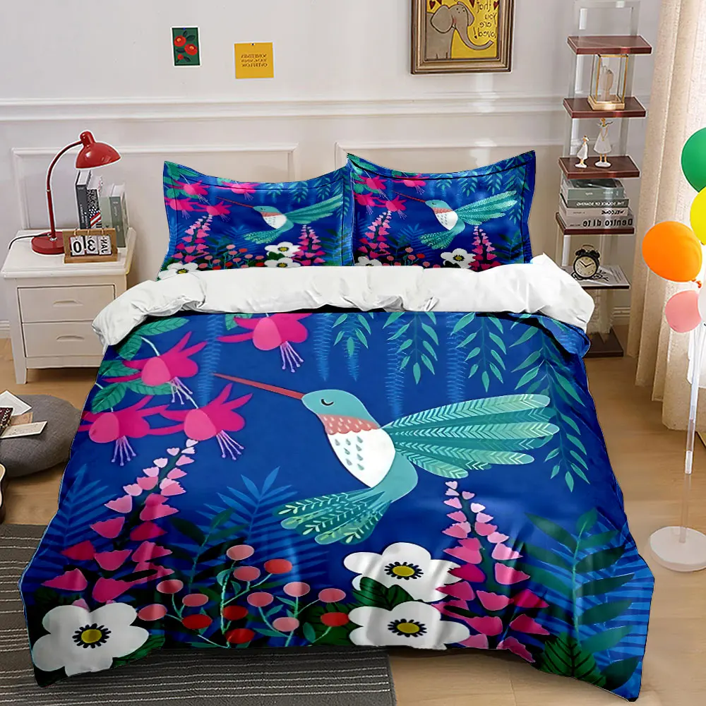 Juego de ropa de cama con estampado de colibrí recolectando néctar, 1 funda nórdica y 2 fundas de almohada para adultos y niños, regalo de lujo, tamaño completo